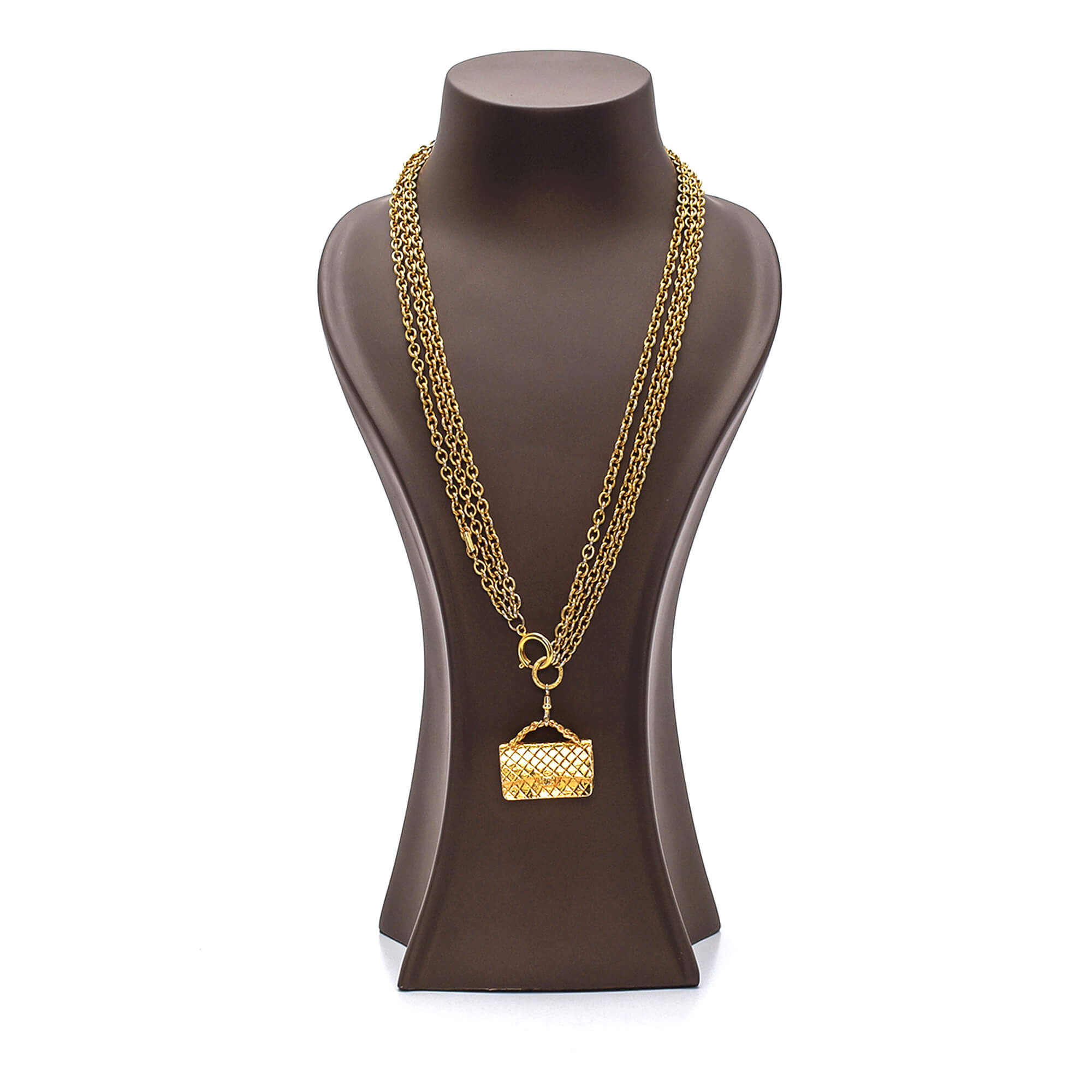 Chanel - Gold Flap Bag Pendant Triple Charm Chain Necklace 